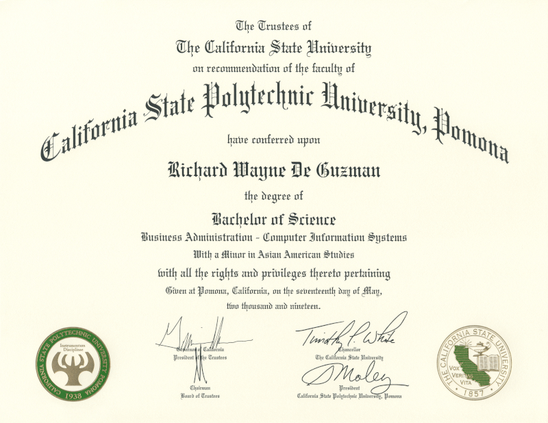Cal Poly Pomona Bachelor of Science Degree in Business Administration with an option in Computer Information Systems and with a minor in Asian American Studies