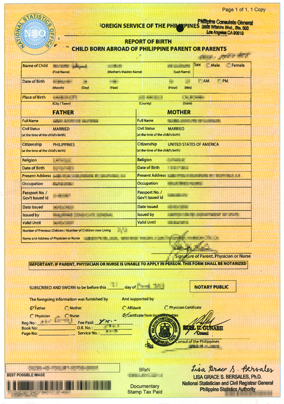PSA (NSO) Report of Birth / Birth Certificate